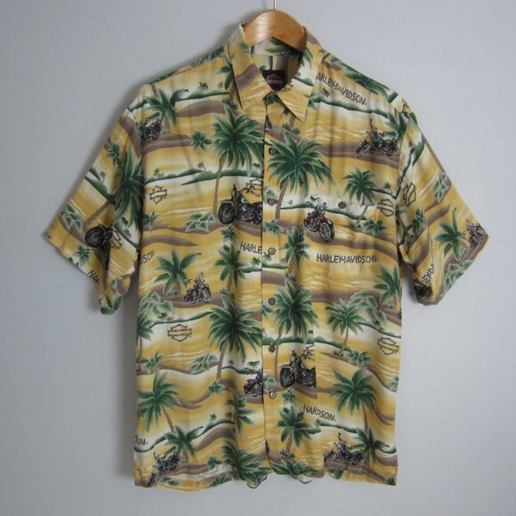 Vtg Harley Davidson Mens XL SS Biker Hawaiian Floral Button Shirt Made USA Rayon - Picture 1 of 13